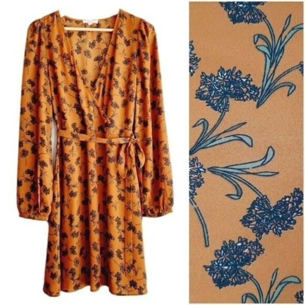 GILLI / Flowy Lightweight Surplice Floral Dress w/ Tie Belt Tan Brown Sz M